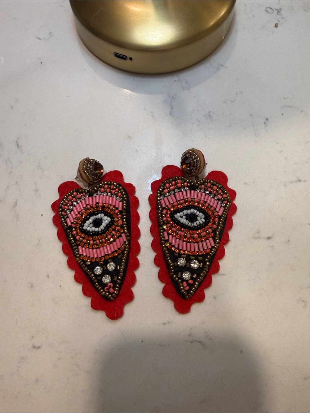 Beaded Red Eye Motif Statement Earrings - Pink & Gold Accents